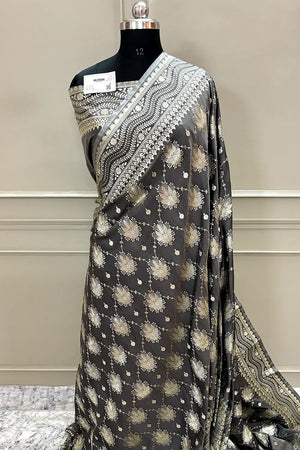Grey Spider Jaal Katan Silk Banarasi Saree