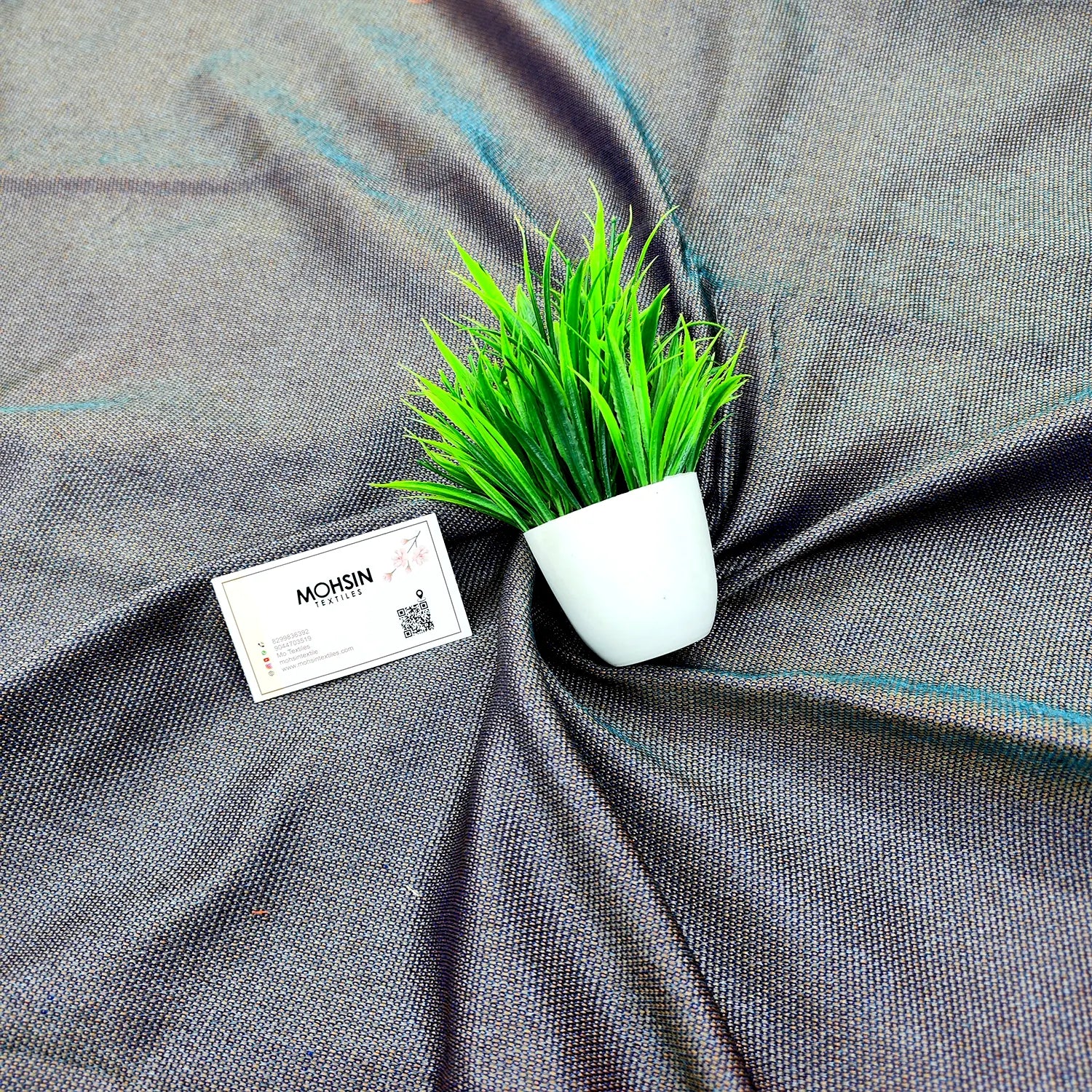 Grey Teal Cotton Silk Banarasi Fabric