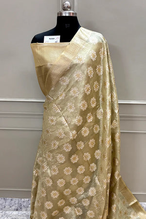 Light Gold Golden Zari Crush Tissue Silk Banarasi Saree