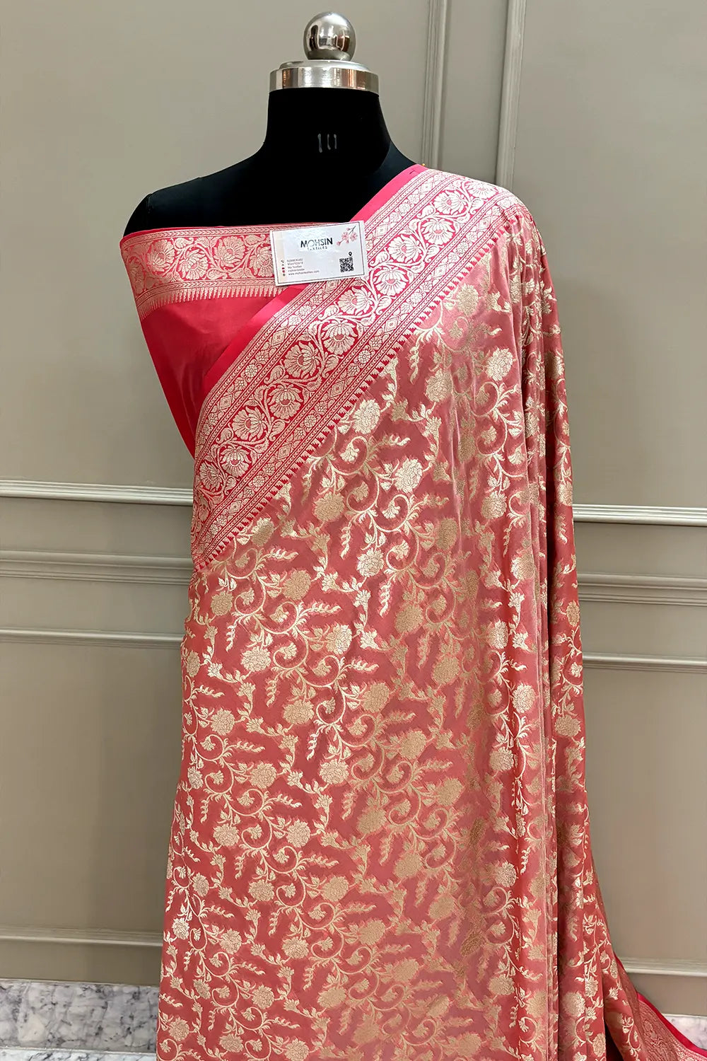 Light Peach and Peach Gulabi Jaal Katan Silk Banarasi Saree