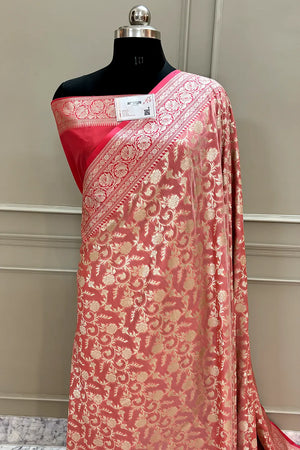 Light Peach and Peach Gulabi Jaal Katan Silk Banarasi Saree