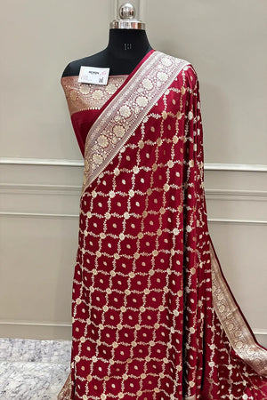 Maroon Qaidi Buti Katan Silk Banarasi Saree