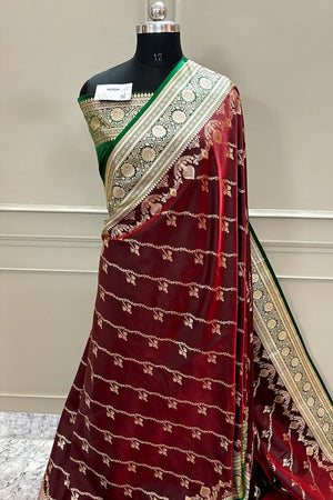Maroon and Green Golden Zari Katan Silk Banarasi Saree