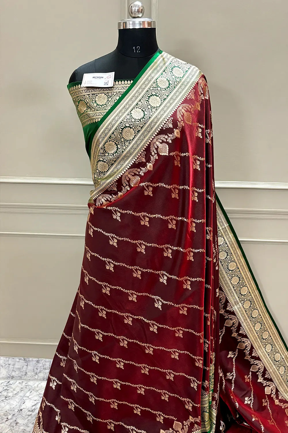 Maroon and Green Golden Zari Katan Silk Banarasi Saree