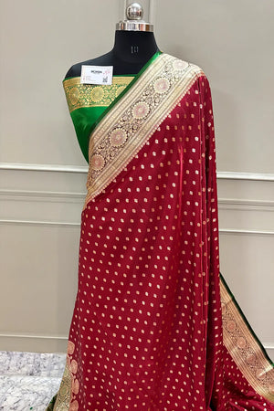 Maroon and Green Makkhi Buti Katan Silk Banarasi Saree