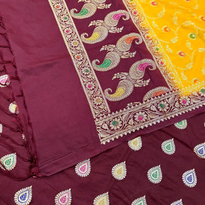 Maroon and Yellow Golden Zari Katan Silk Banarasi Suit