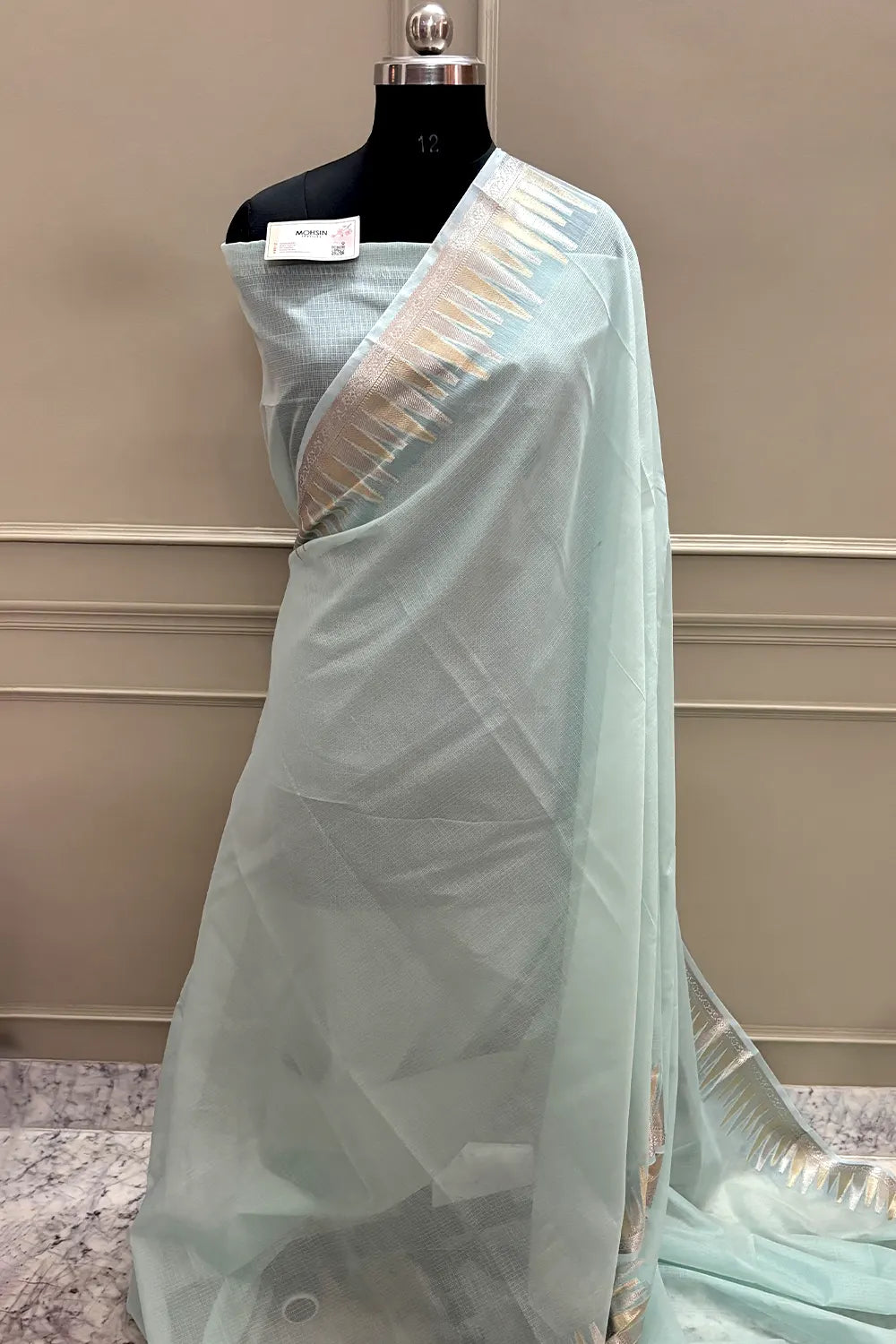 Mint Green Plain Moonga Check Silk Saree