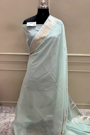 Mint Green Plain Moonga Check Silk Saree