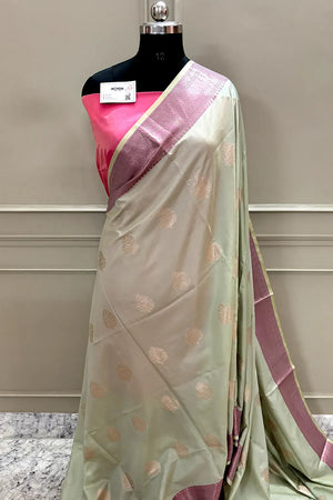 Mint and Pink Golden Zari Banarasi Silk Saree