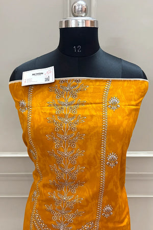 Mustard Printed Cotton Silk Banarasi Suit