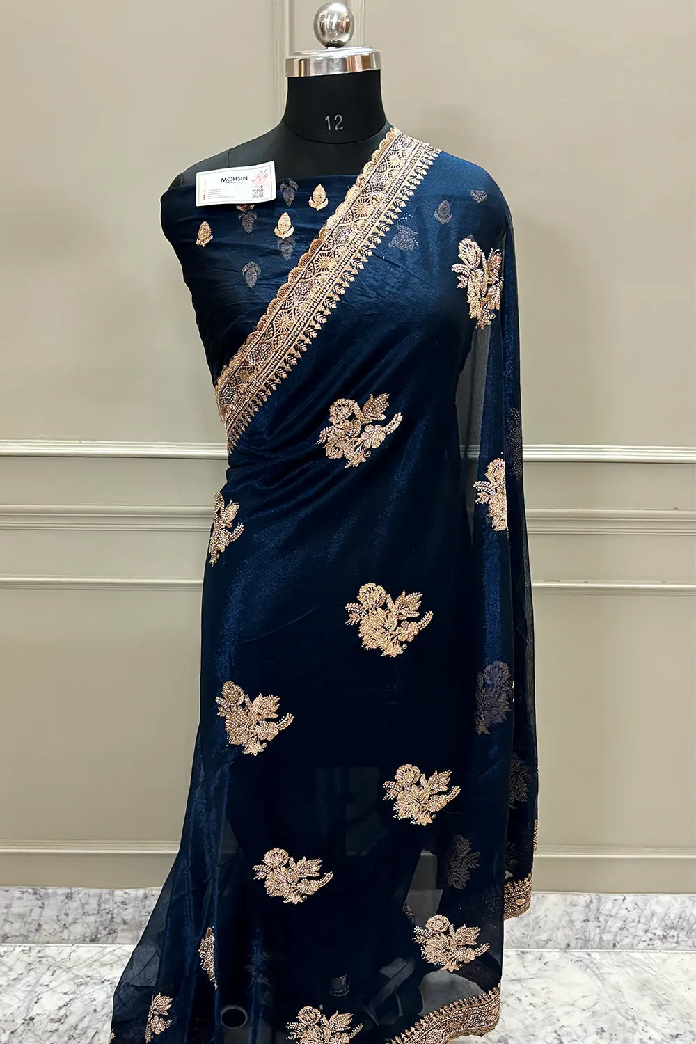 Navy Blue Embordiery Siroski Work Silk Saree