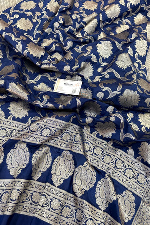 Navy Blue Golden Zari Katan Silk Banarasi Dupatta