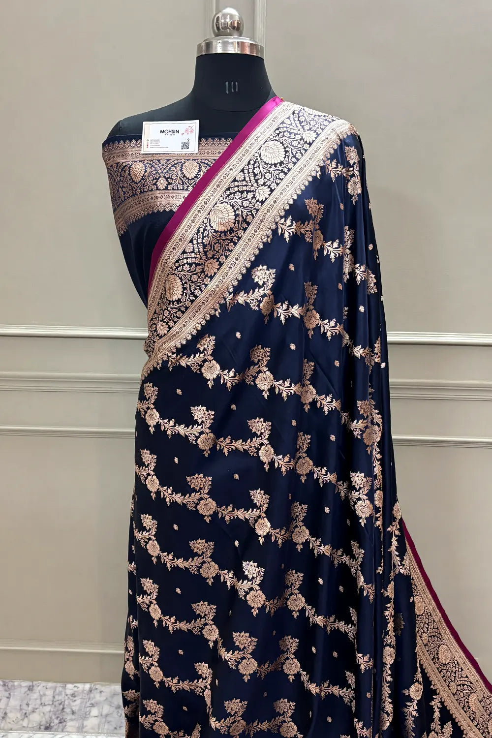 Navy Blue Papakipari Katan Silk Banarasi Saree