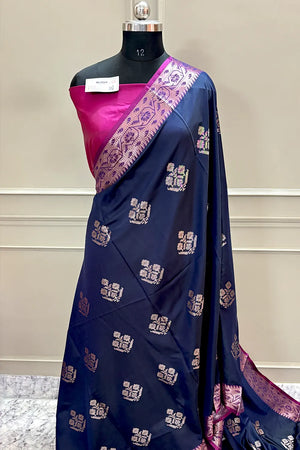 Navy Blue and Pink Golden Zari Banarasi Silk Saree