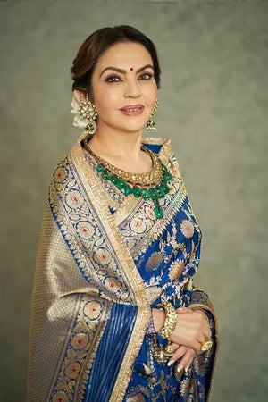 Nita Ambani Royal Blue Handloom Katan Silk Banarasi Saree