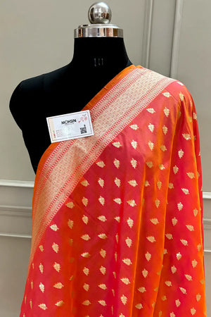 Orange Golden Zari Katan Silk Banarasi Dupatta