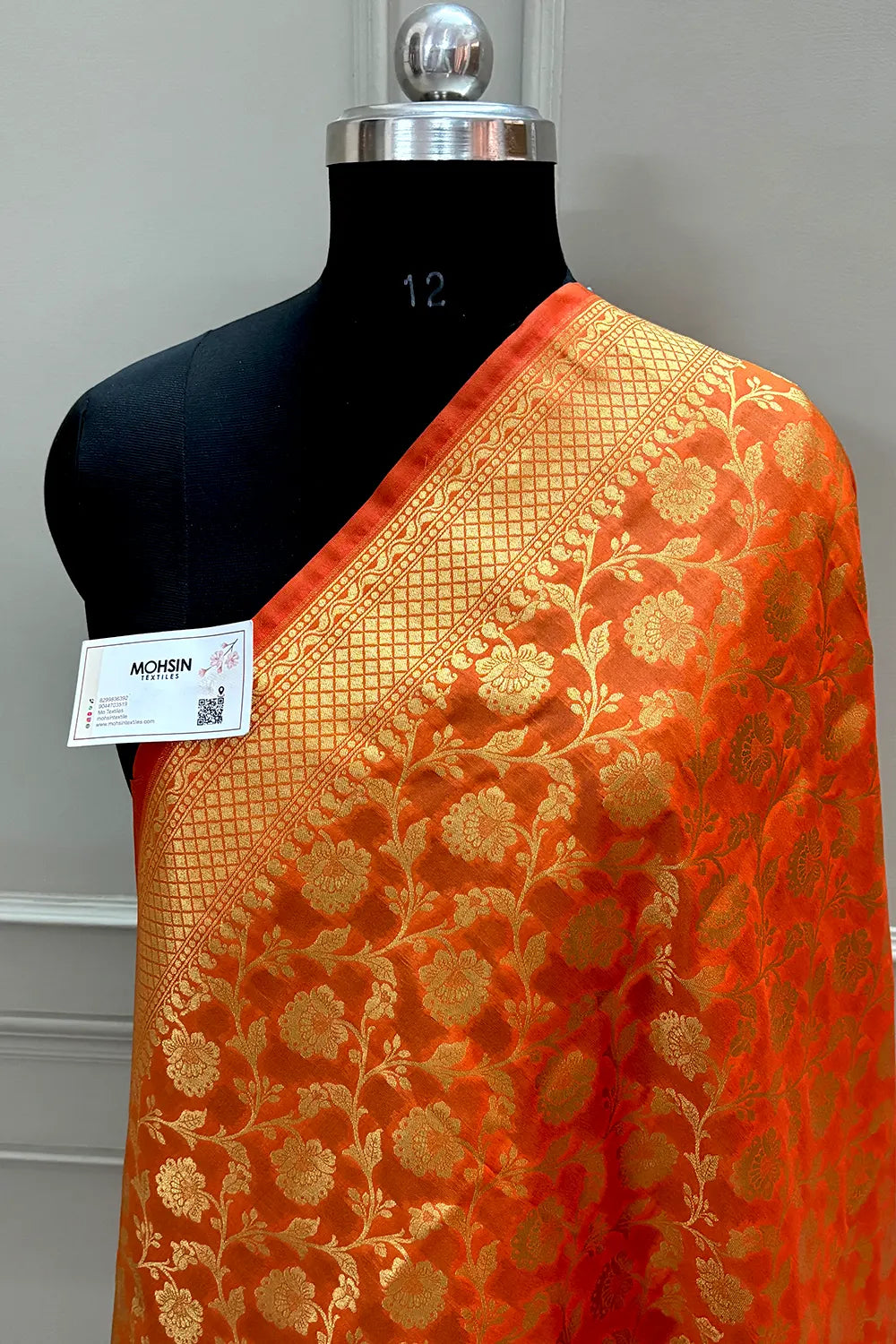 Orange Golden Zari Katan Silk Banarasi Dupatta