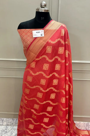 Peach Behti Ganga Chanderi Silk Banarasi Saree