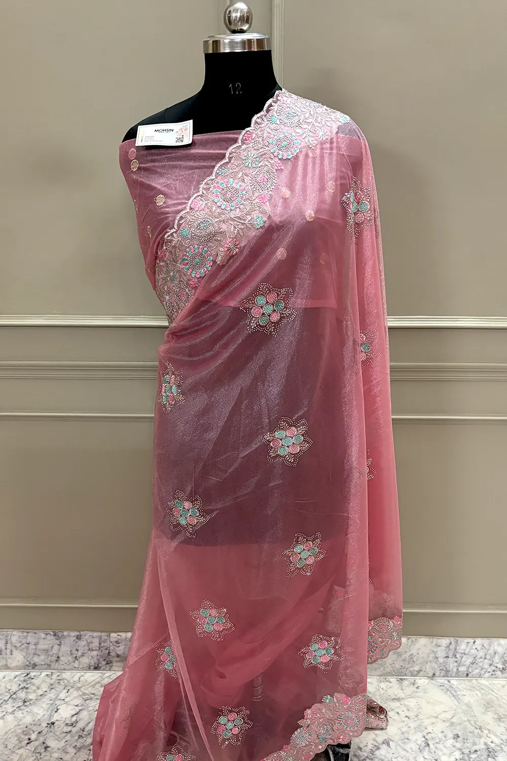 Peach Embroidery Siroski Brasso Net Saree