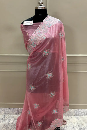 Peach Embroidery Siroski Brasso Net Saree