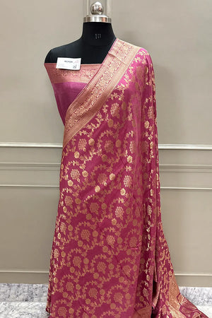 Peach Golden Zari Georgette Silk Banarasi Saree