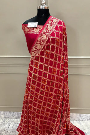 Peach Golden Zari Georgette Silk Banarasi Saree