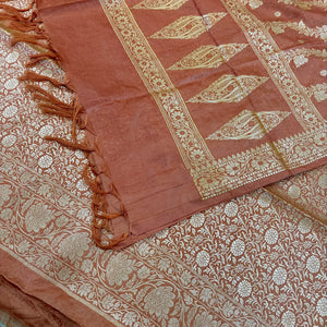 Peach Golden Zari Katan Silk Banarasi Suit