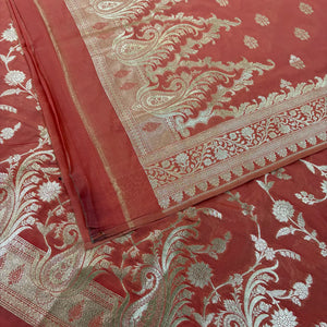 Peach Golden Zari Katan Silk Banarasi Suit
