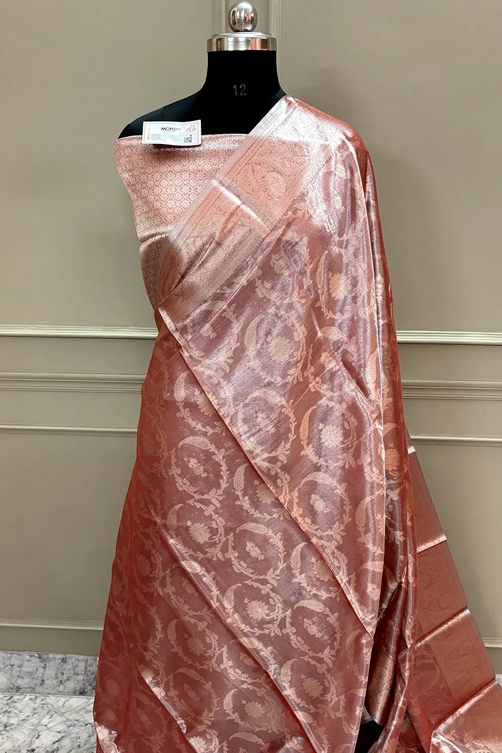 Peach Golden Zari Tissue Silk Banarasi Saree