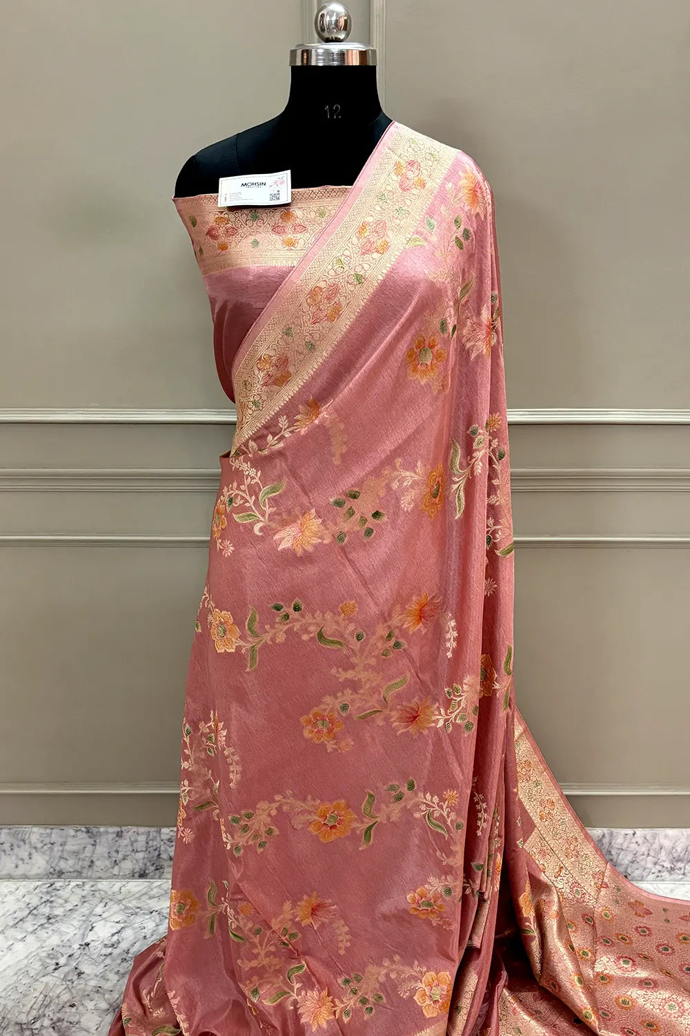 Peach Shakahari Jaal Georgette Silk Banarasi Saree