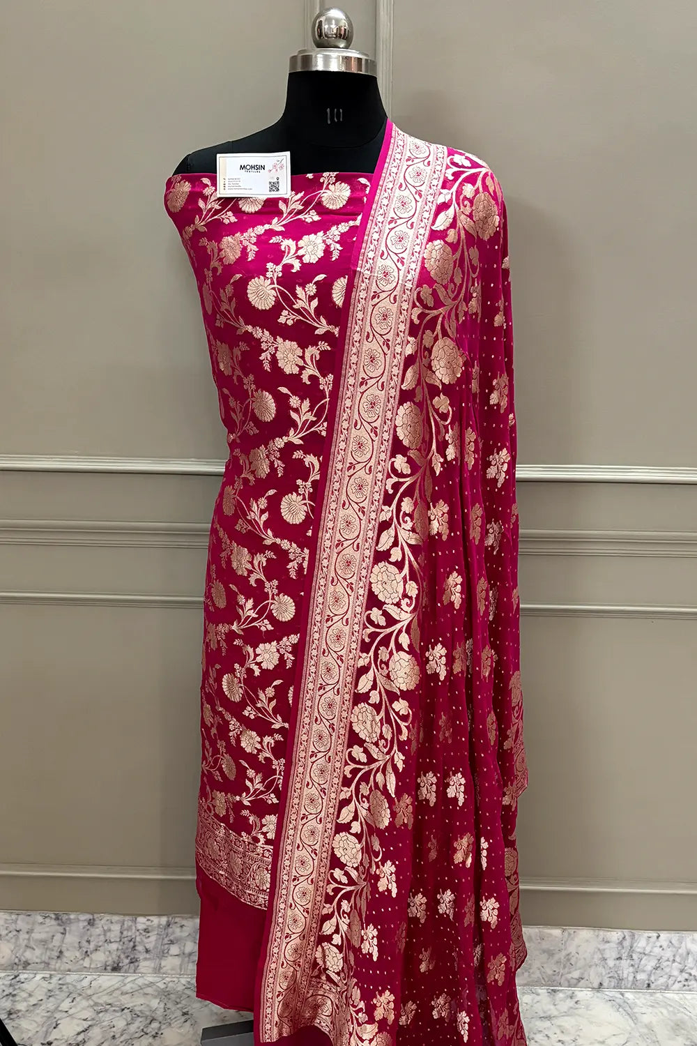 Pink Golden Zari Pure Georgette Silk Banarasi Suit