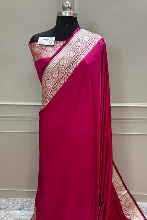 Pink Plain Golden Zari Katan Silk Banarasi Saree