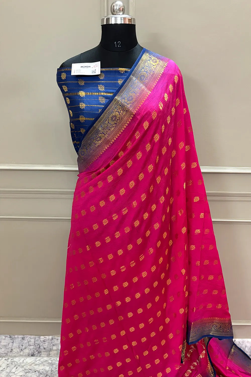 Pink and Navy Blue Golden Zari Silky Banarasi Saree