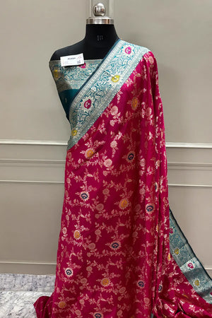 Pink and Teal Golden Zari Silky Banarasi Saree