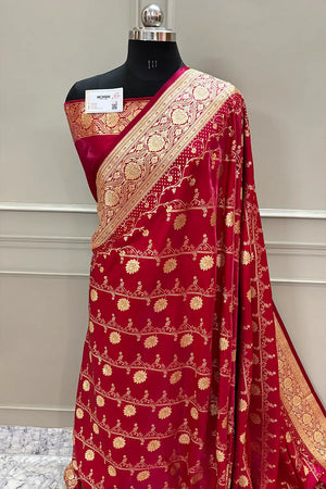 Pinkish Red Bhawar Jaal Katan Silk Banarasi Saree