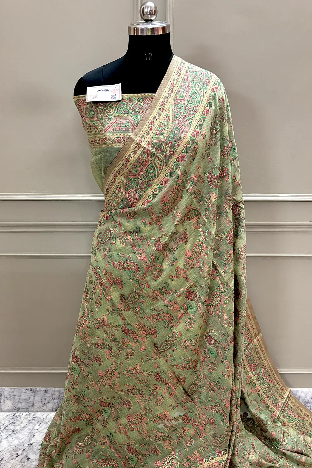 Pista Printed Linen Silk Banarasi Saree