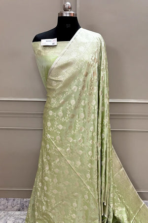 Pista Surajmukhi Jaal Katan Silk Banarasi Saree