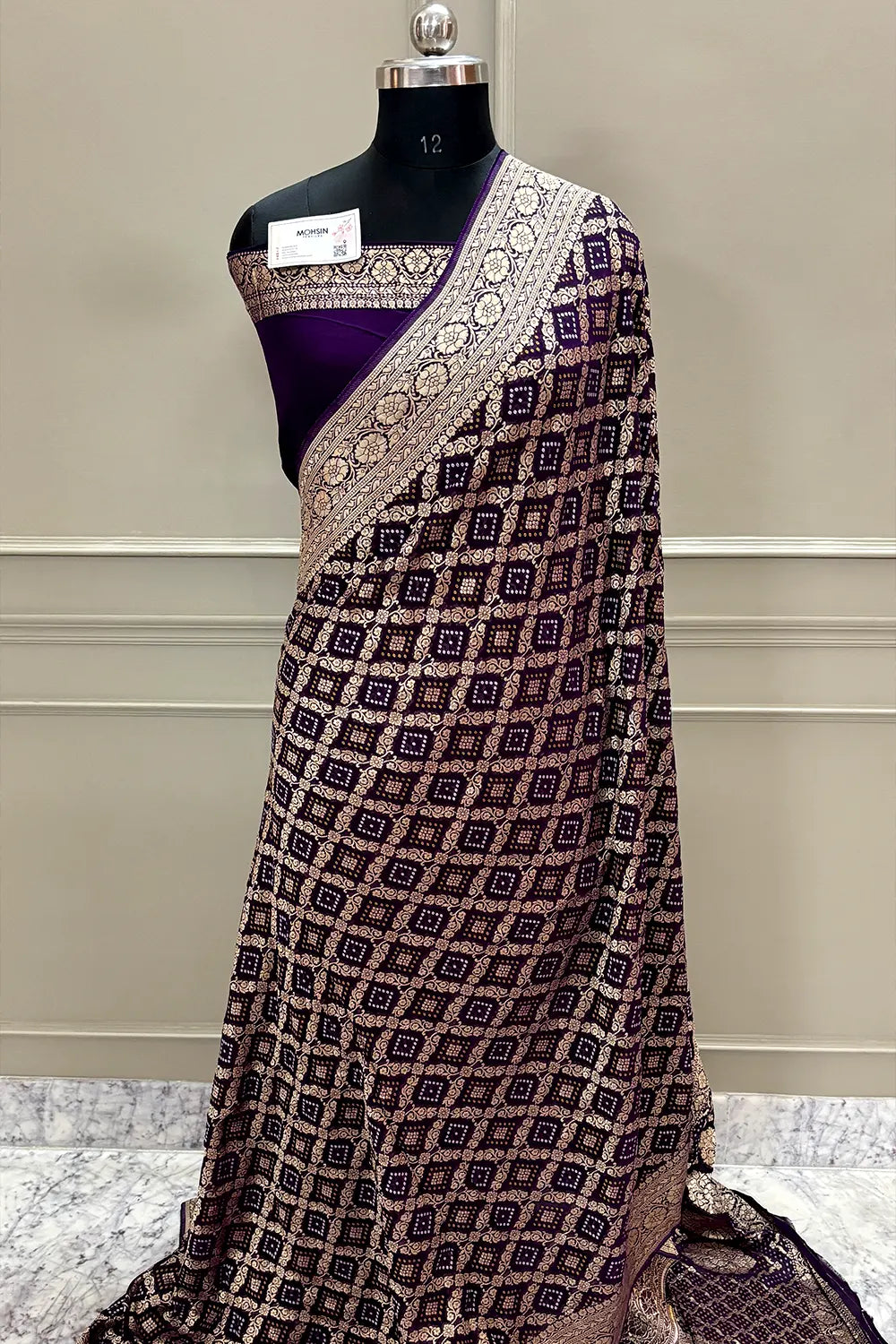 Purple Bandhej Georgette Silk Banarasi Saree