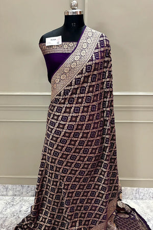 Purple Bandhej Georgette Silk Banarasi Saree