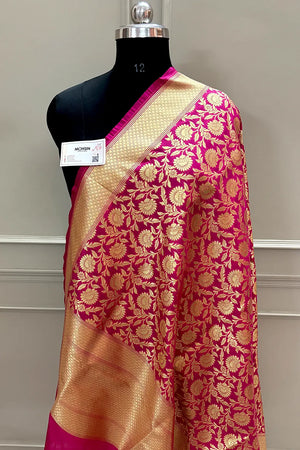 Rani Pink Golden Zari Katan Silk Banarasi Dupatta