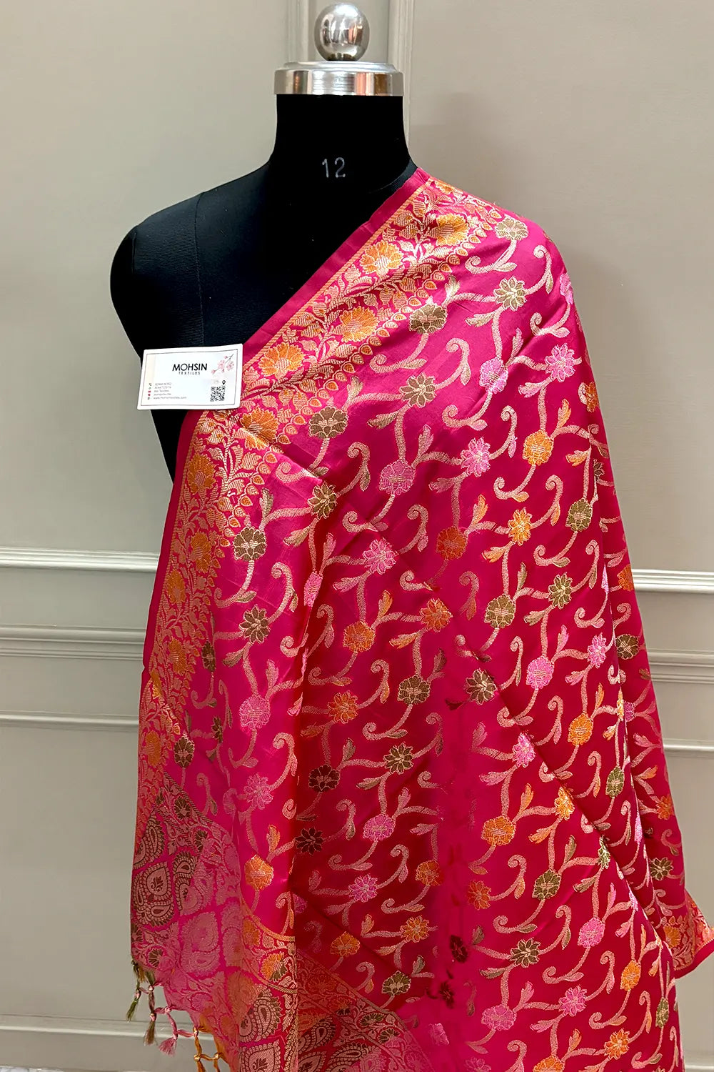 Rani Pink Zari Meena Cotton Silk Banarasi Dupatta