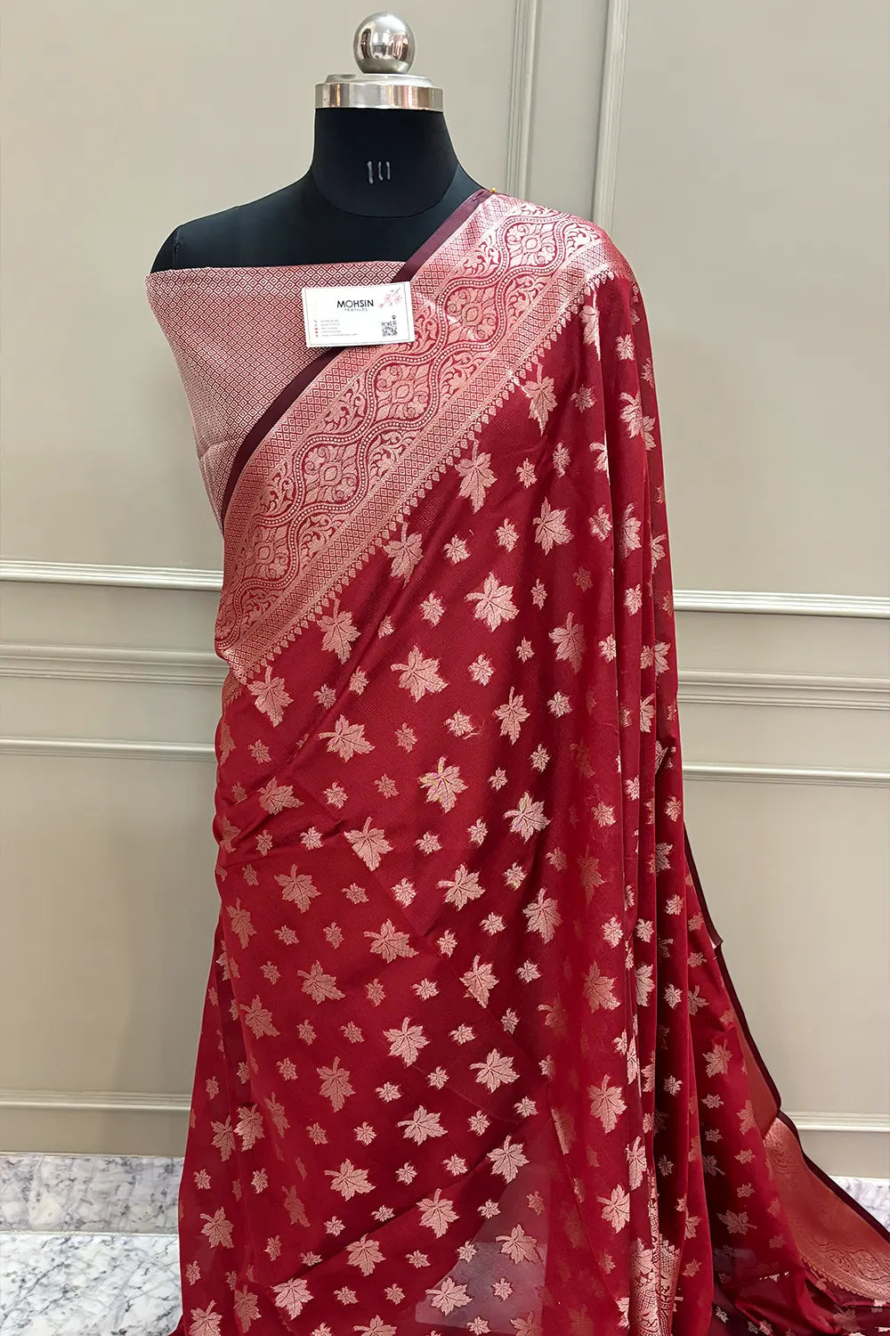 Red Autumn Buti Chanderi Silk Banarasi Saree