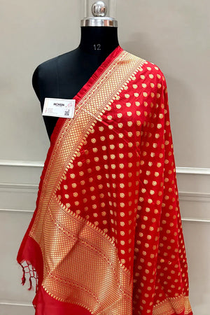 Red Golden Zari Katan Silk Banarasi Dupatta