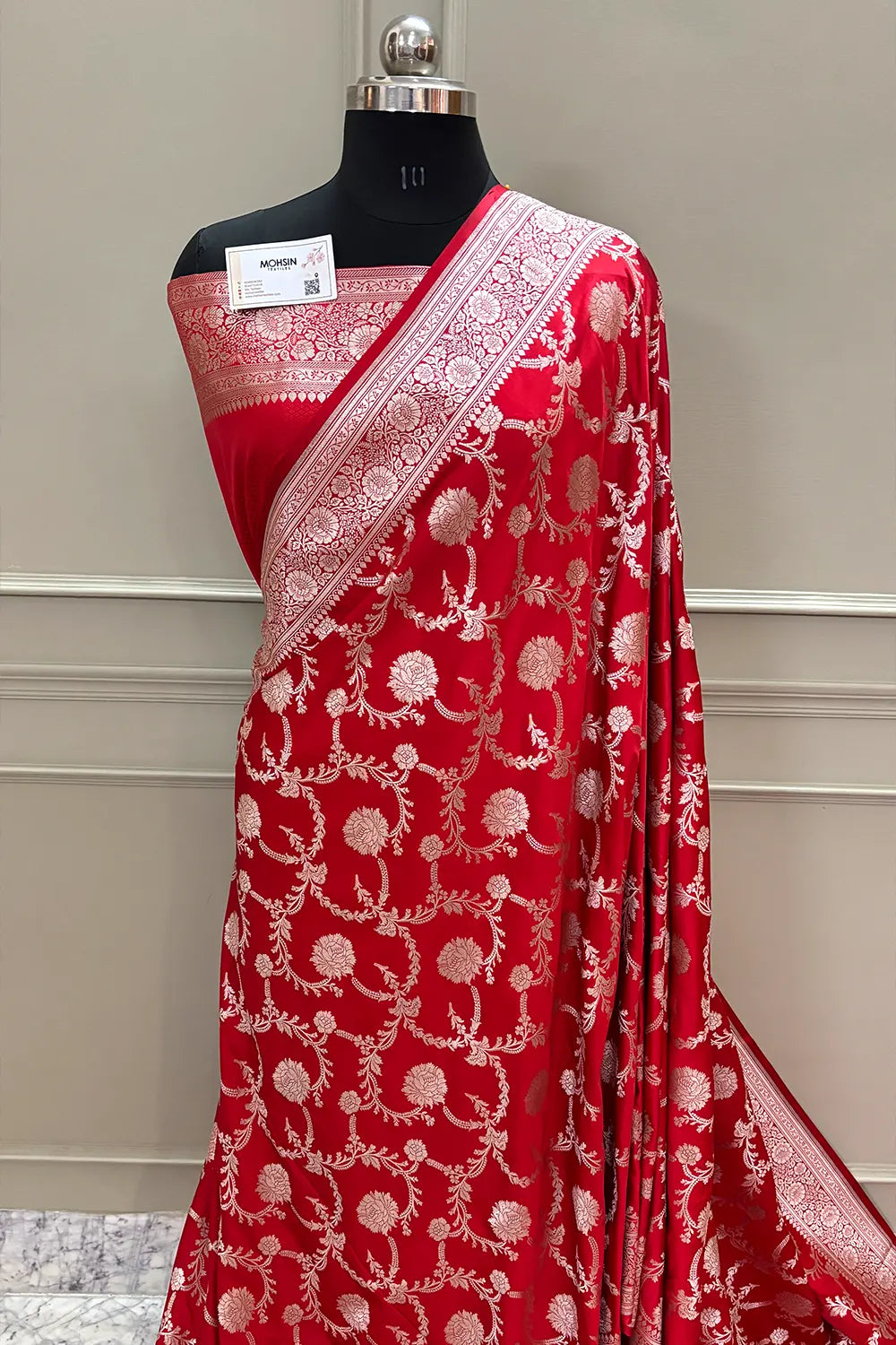 Red Laabela Jaal Katan Silk Banarasi Saree