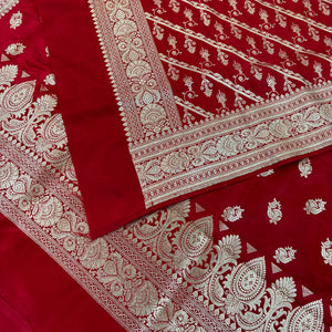 Red Madiyan Buti Satin Silk Banarasi Suit