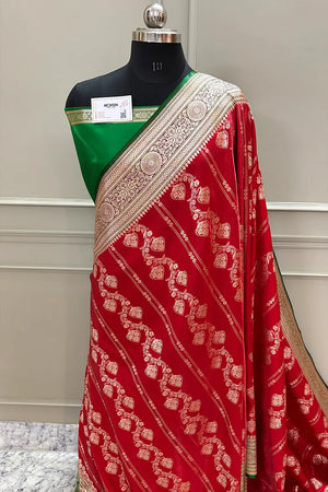 Red and Green Latar Patti Katan Silk Banarasi Saree