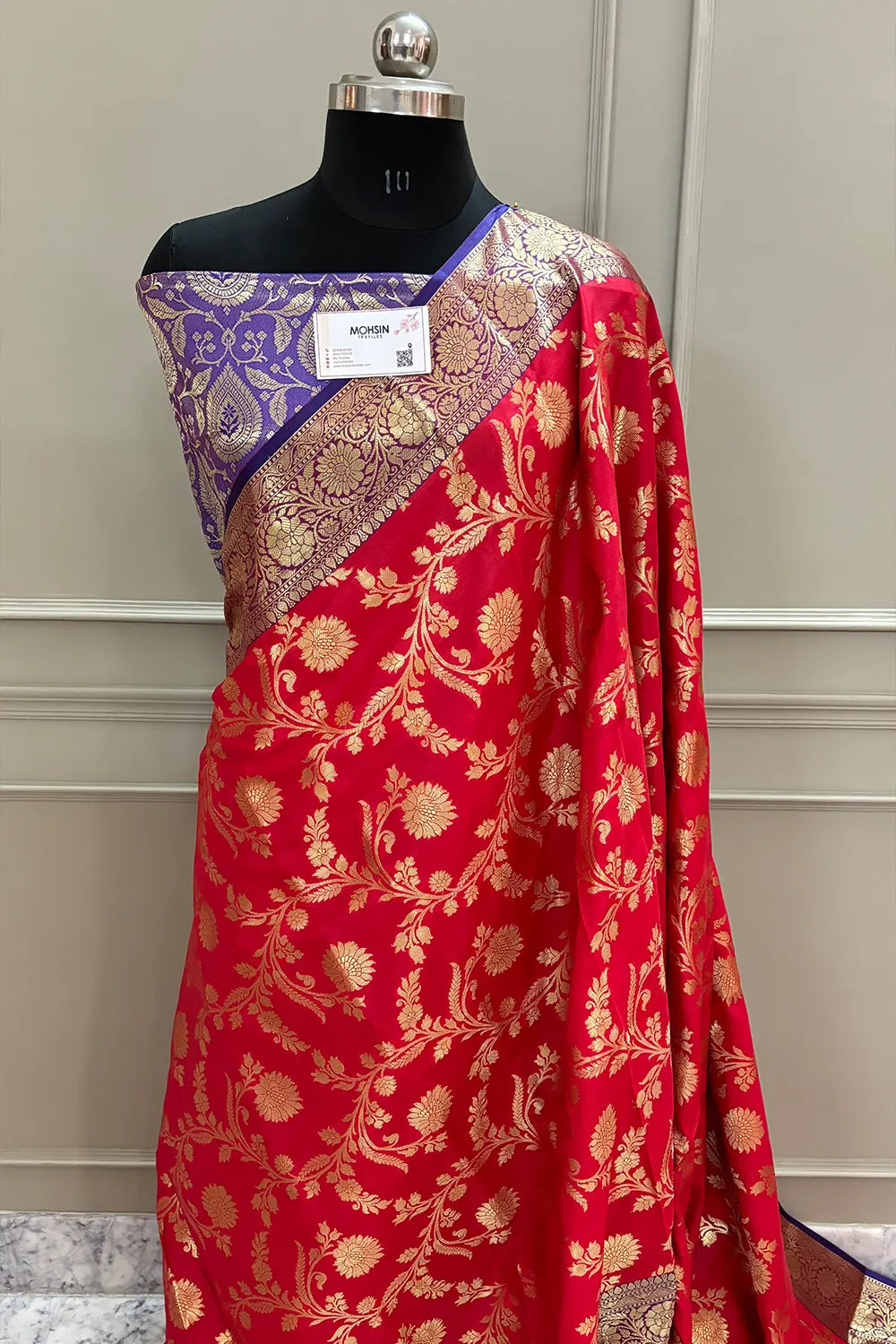 Red and Royal Blue Morpankhi Jaal Satin Silk Banarasi Saree