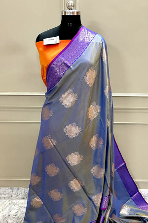 Royal Blue and Orange Gulaboo Banarasi Silk Saree