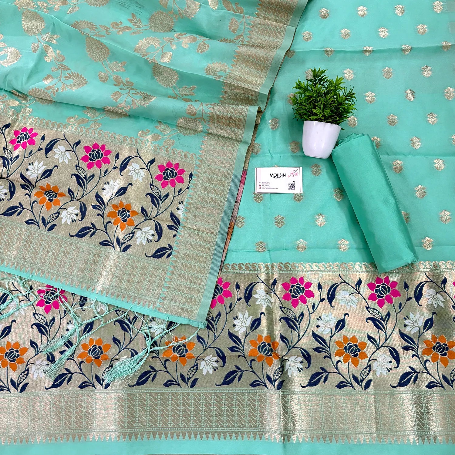 Sea Green Gulbagh Satin Silk Banarasi Suit