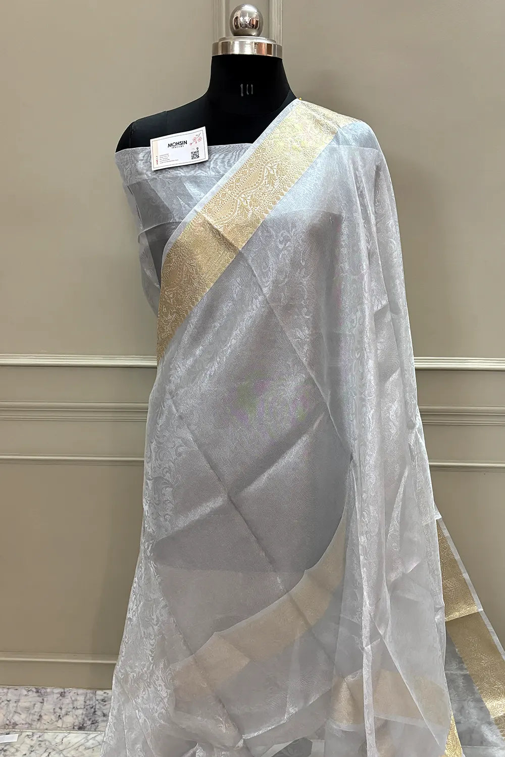 Silver Ambose Tissue Silk Banarasi Saree